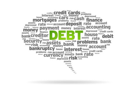 Speech bubble with the word Debt on white background.