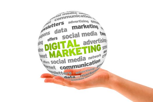 Hand holding a 3d Digital Marketing Sphere on white background. 