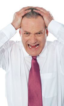 Portrait of caucasian american businessman expressing frustration isolated over white background