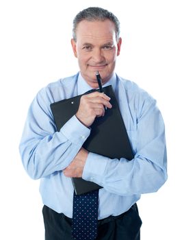 Businessman holding clipboard. Isolated on white background