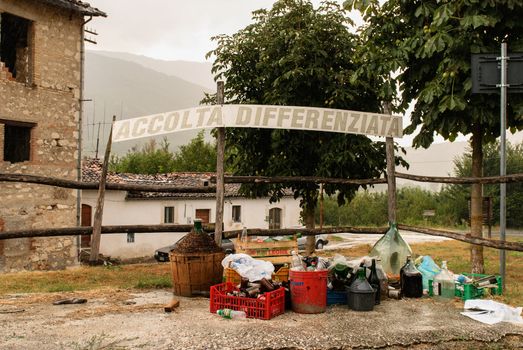 A makeshift trash separation and collection in a town near L'Aquila, devastated from the earthquake in 2009