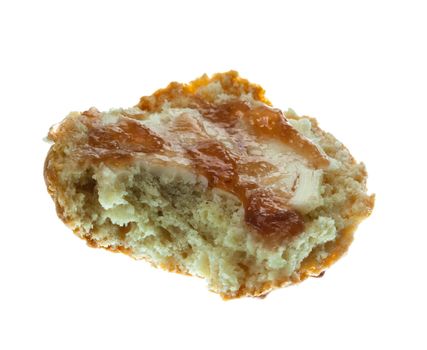 Home made scone with butter and red jam on white isolation background
