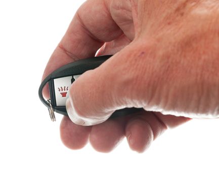 Black modern car door opener and keyless entry device with thumb pressing alarm