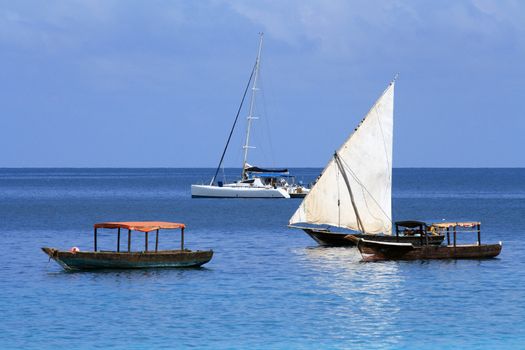 Old and modern boats in Zanzibar in a sunny day