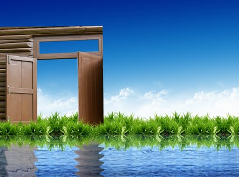 door on the grass with the bright sky