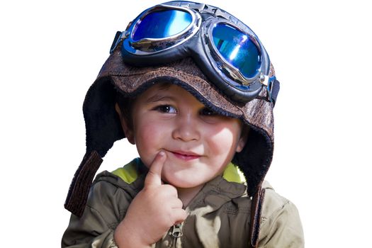 A baby pilot with huge hat and glasses, isolated.