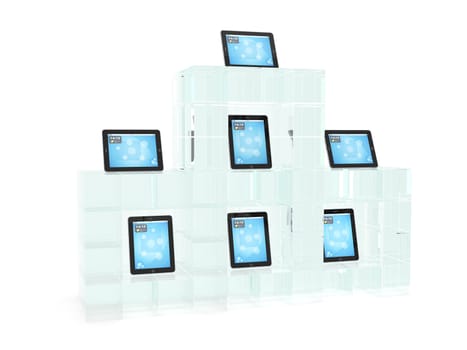 Glass showcase with tablet pc on white background