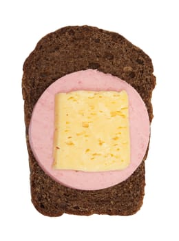 rye bread with salami and cheese on a white background
