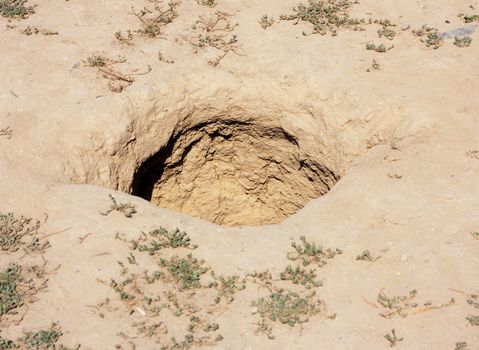 Brown earth dirt with a deep circular black hole in the ground 