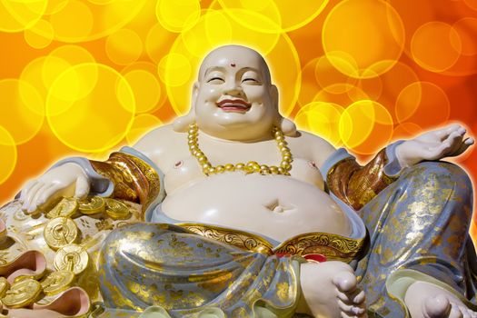 Big Belly Maitreya Cloth Bag Monk Happy Buddha Statue Isolated on Blurred Background