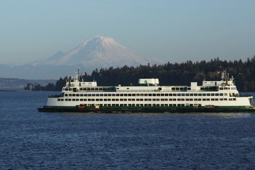 Ferry in Puget Sound with Mt. Rainier in the background.