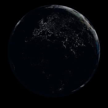 Highly detailed illustration of Earth at night with city lights, facing Europe and Africa. Texture of the Earth surface, relief, lights and clouds provided by visibleearth.nasa.gov