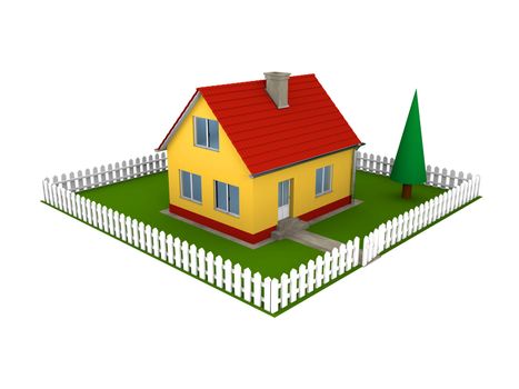 Illustration of small family house with red roof and green yard with white fence