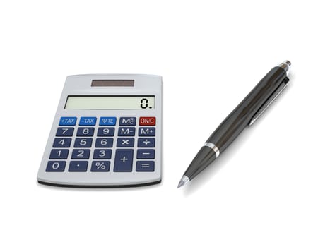 Concept of calculations with calculator and pen on white background