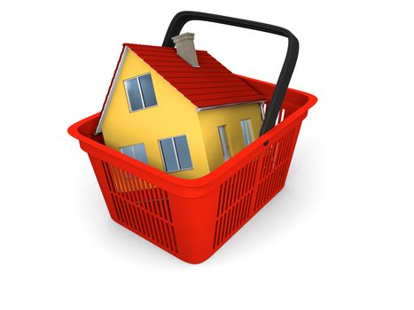 3D illustration of house inside red plastic shopping basket