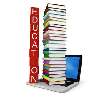 Concept of education with pile of colorful books on laptop