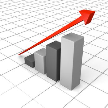 3D illustration of growth chart with linear red trend line