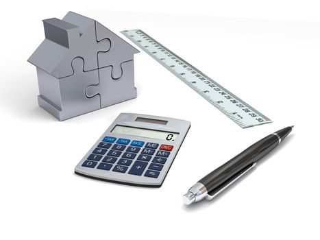 Concept of house financing with calculator, pen, ruler and silver model of house made of jigsaw pieces