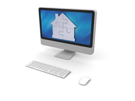 Silver house symbol made of four puzzle pieces on elegant computer screen