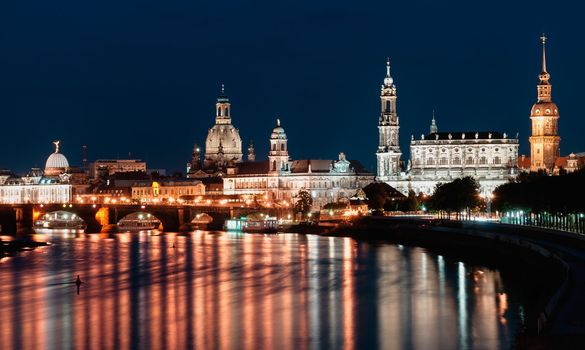 Skyline of Dresden old town by night. Thanks to its mild weather, Baroque-style architecture and numerous museums and art collections, Dresden has been called "Florence of the Elbe".