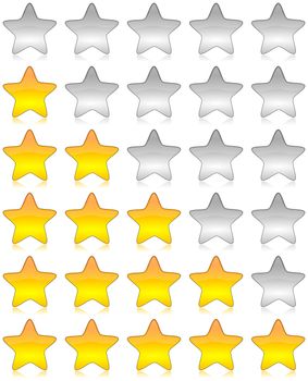 Yellow and white glossy stars icon set for rating and survey