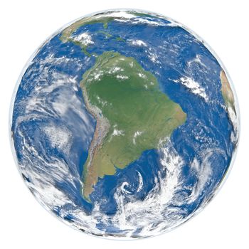 Detailed model of Earth with clouds and atmosphere isolated on white background facing South America. Texture of the Earth surface, relief and clouds provided by visibleearth.nasa.gov