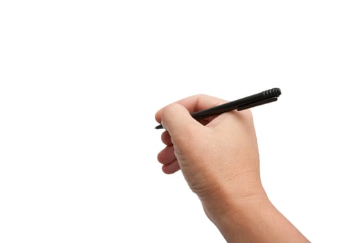 black pen in hand on white background