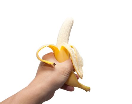 Ripe banana in the hand on white background 