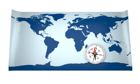 3D model of world map with compass. World map provided by visibleearth.nasa.gov