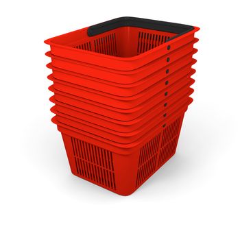 3D illustration of pile of red plastic shopping baskets