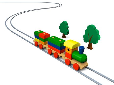 3D illustration of colorful wooden toy train on rails
