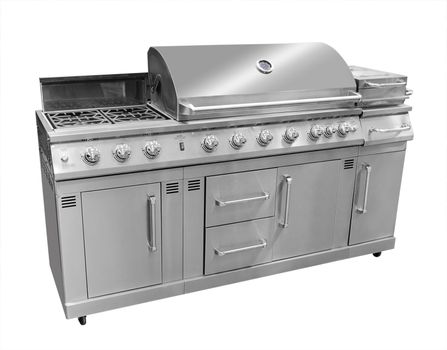 Big Barbecue gas grill in stainless steel, isolated with shadow and clipping path over white.