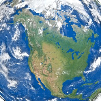 Detailed illustration of North America. Texture of the Earth surface, relief and clouds provided by visibleearth.nasa.gov