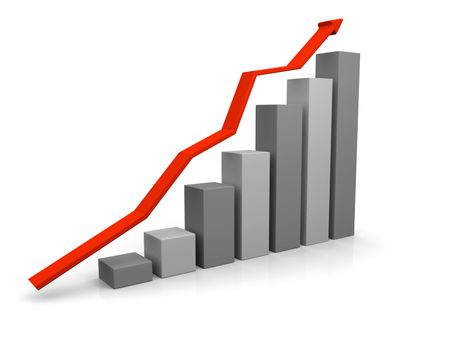 3D illustration of growth chart with red trend line