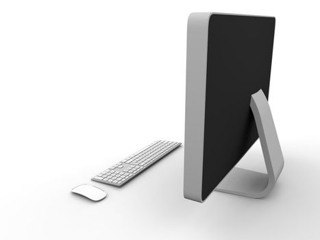 Back view of modern desktop computer with wireless keyboard and mouse