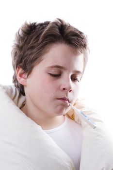 blond child sick with fever, digital thermometer and white blanket