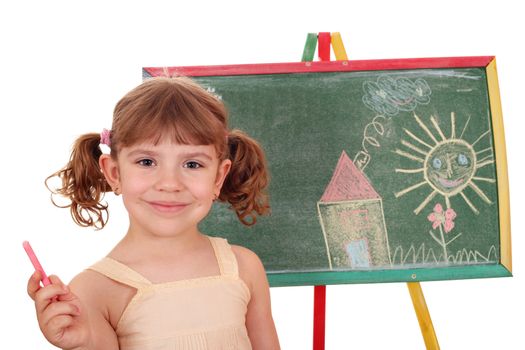 little girl drawing on board