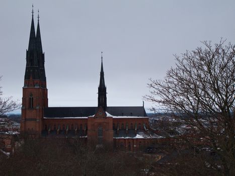 Cathedral of Uppsala, Sweden, in winter with trees in foreground