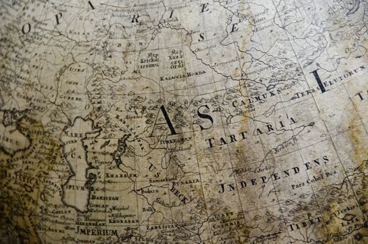 detail of a old map on a globe from the 18th century