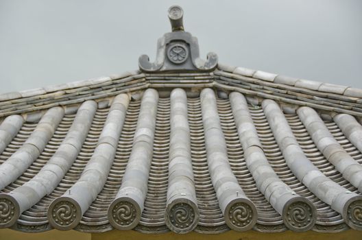 Detail of a japanese roof with round roofing shingles