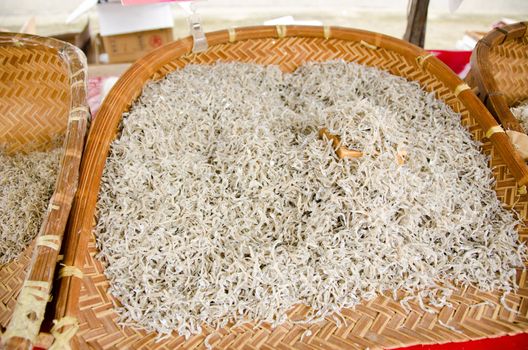 Niboshi, dried baby sardines and other fish on a street marked in Osaka, Japan