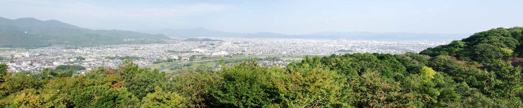 Panorama view of Arashiyama, Kyoto, Japan from a surrounding mountain