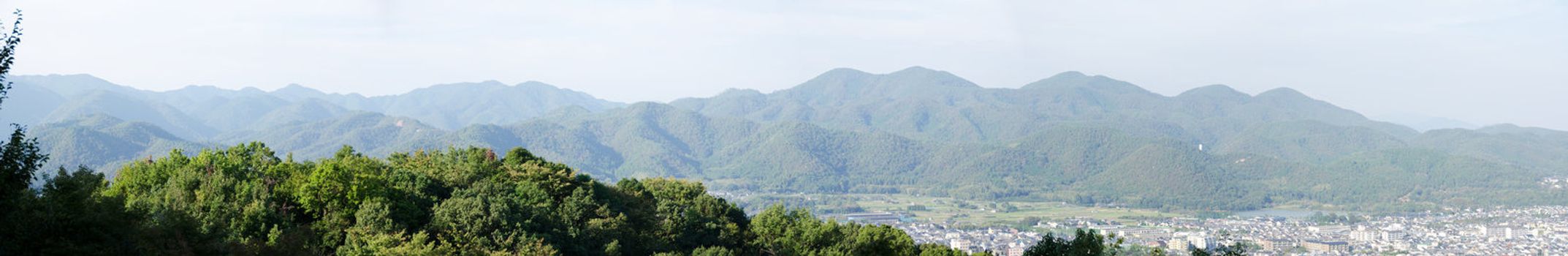 Panorama view of the mountains surrounding Arashiyama, Kyoto, Japan