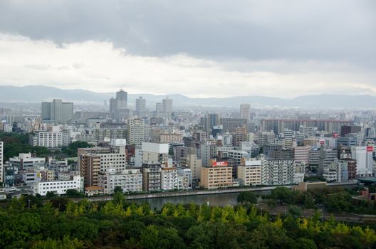 Skyline of Osaka City in Japan as seen from Osaka castle