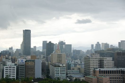 Skyline of Osaka City in Japan as seen from Osaka castle