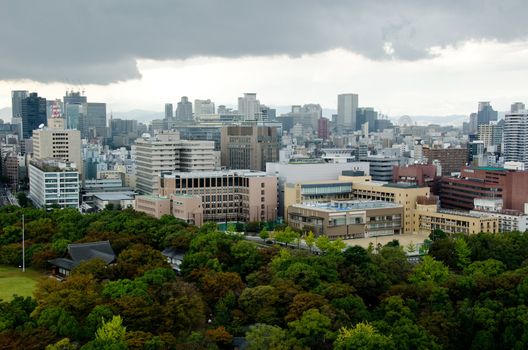 Skyline of Osaka City in Japan as seen from Osaka castle