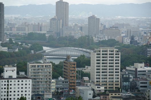 Skyline of Osaka City in Japan as seen from Osaka castle