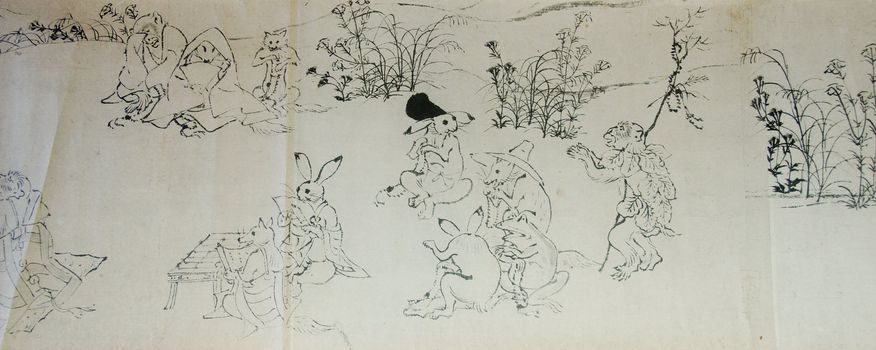 Chōjū-jinbutsu-giga picture scroll with ink paintings and animal caricartures