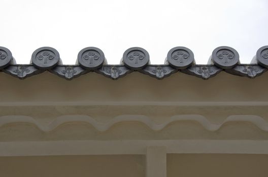Closeup of round japanese roof tiles seen from below