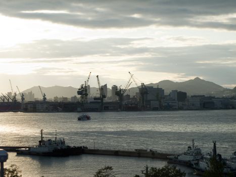 The port of Kobe in Japan with Awaji Island in the background